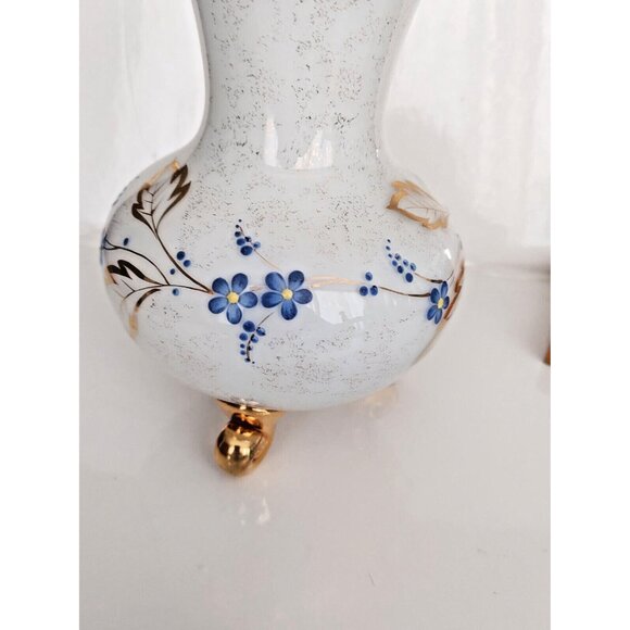 Three Footed French Frosted Glass Vase with Gold Gilding & Painted Florals MCM - Picture 11 of 13